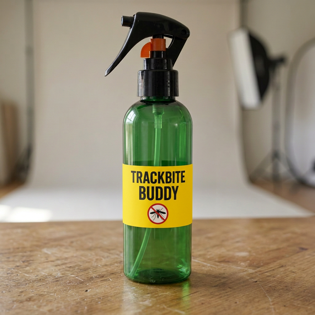 A TrackBite Buddy spray bottle photographed on a wooden table in a studio